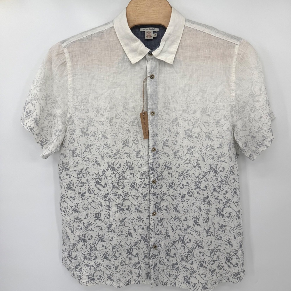 Carbon2Cobalt Shirt Men XLT White Grey Ombre Floral Linen Short Sleeve Tall NEW